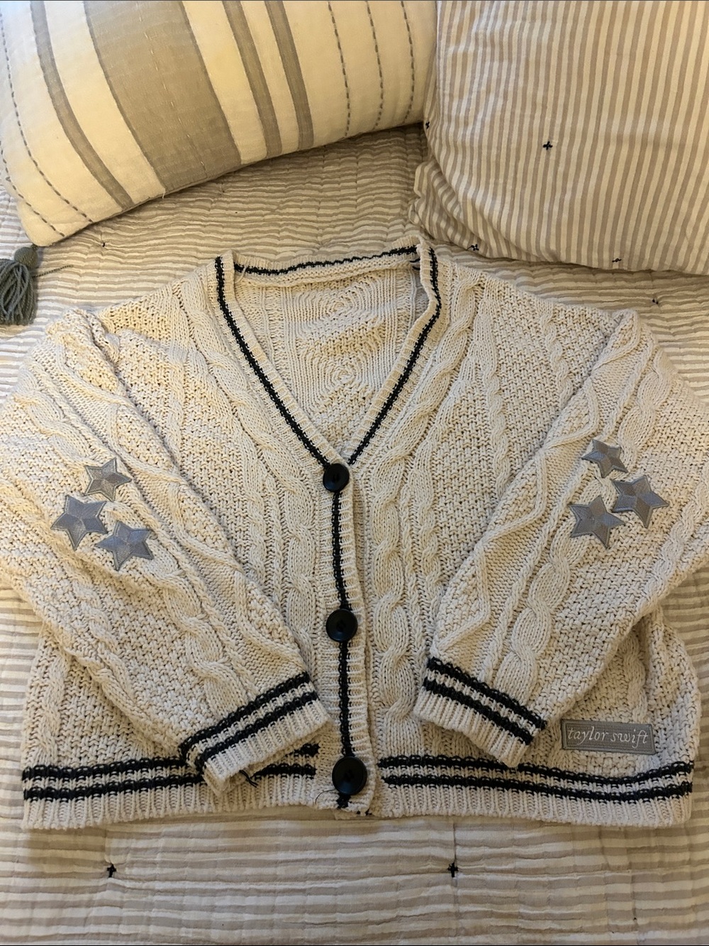 Taylor Swift Cream Cable Knit Cardigan with Navy Trim and Star Patches